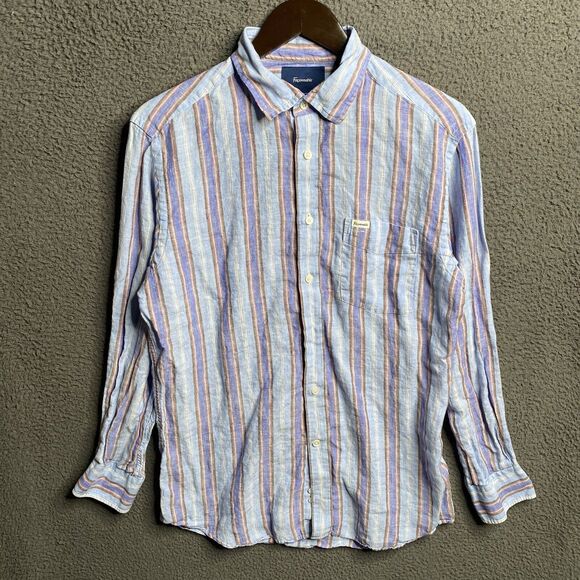 Faconnable Shirt Mens Medium Button Up 100% Linen Medium Striped Long Sleeve - Picture 1 of 15